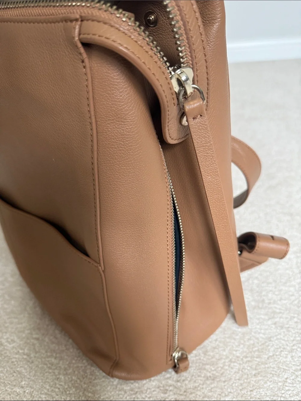 Minimalist Tan Leather Diaper Bag Backpack with Top Handle - Picture 4 of 4
